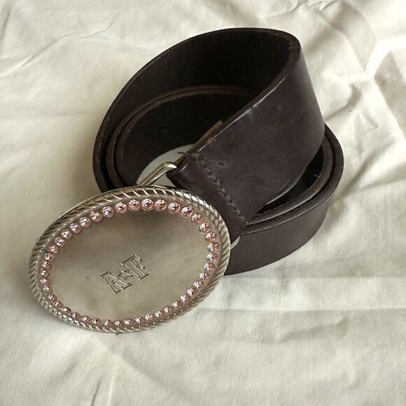 Abercrombie Fitch Leather Belt Womens Medium Western Buckle Rhinestones Logo 40” - Picture 1 of 10